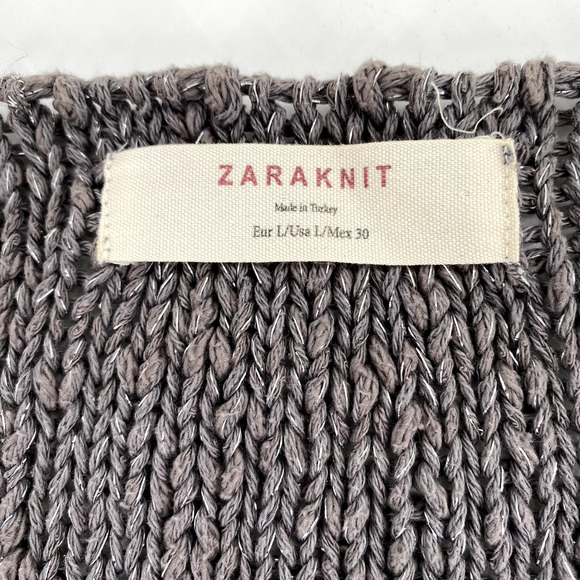 Zara Knit Womens Open Knit Deep V-Neck Sweater Sz L Grey Silver Split Hem - Picture 3 of 9